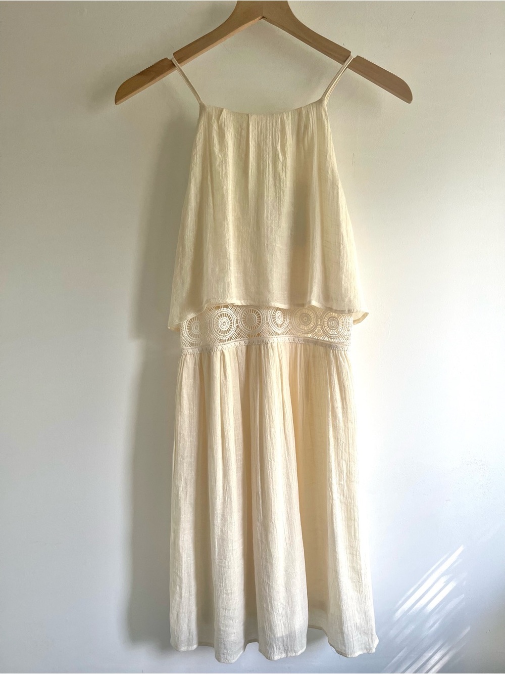 NWT Rebellion Again Ivory Boho Gauze Mini Dress Crochet Lace Waist Size S Summer